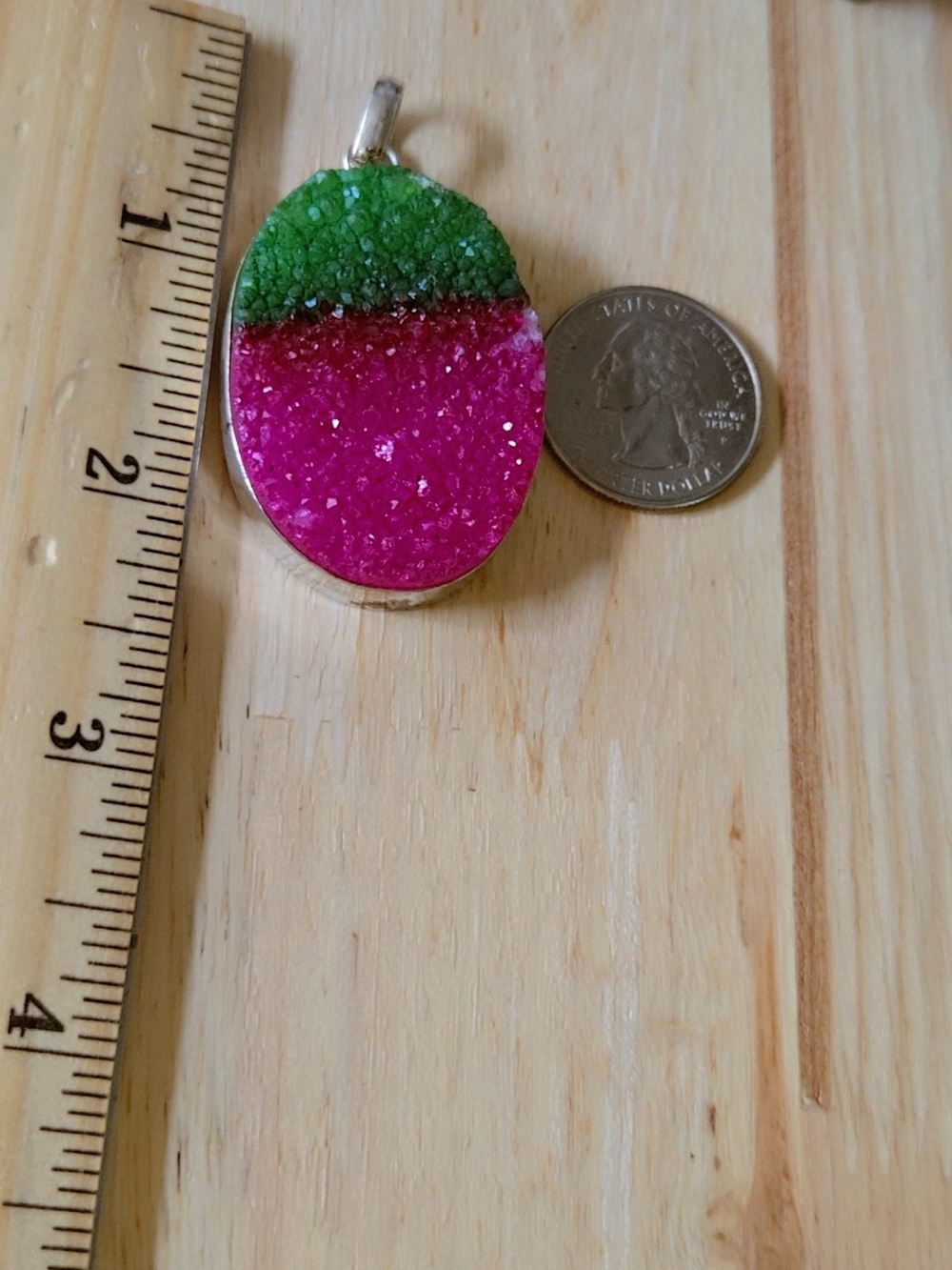 Green and Pink Watermelon Crystal Druzy Oval Pendant In 925 Silver - Picture 15 of 15